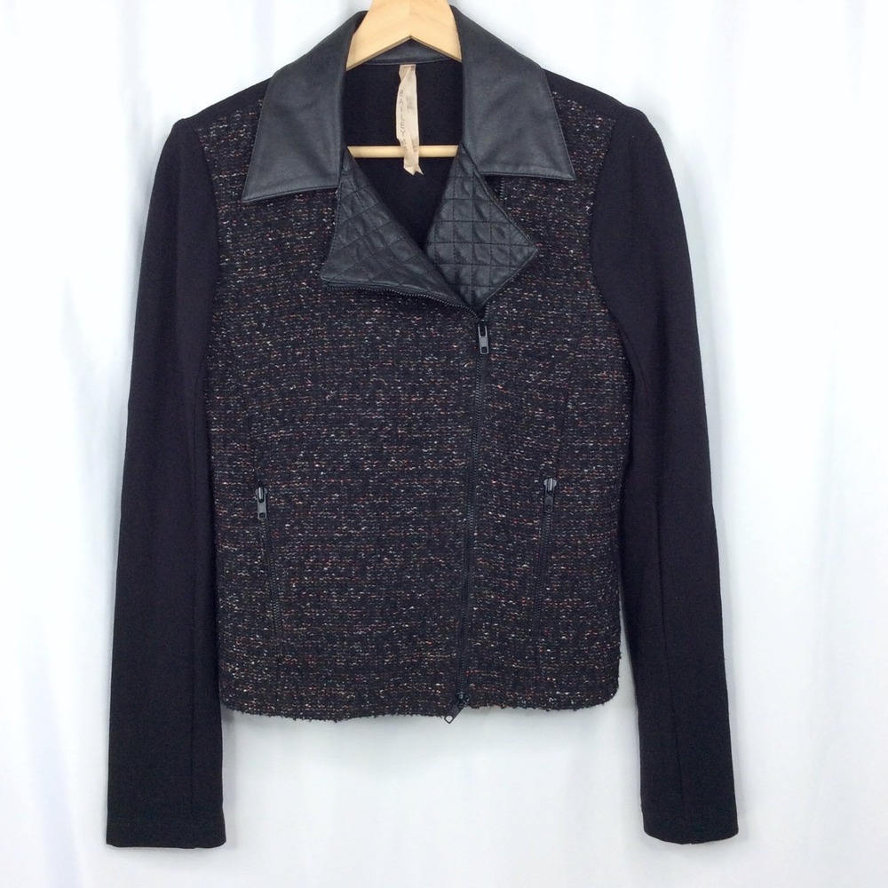 Bailey 44 Wool Blend Moto Zip Jacket Women's Size Small Tweed Faux Leather Black
